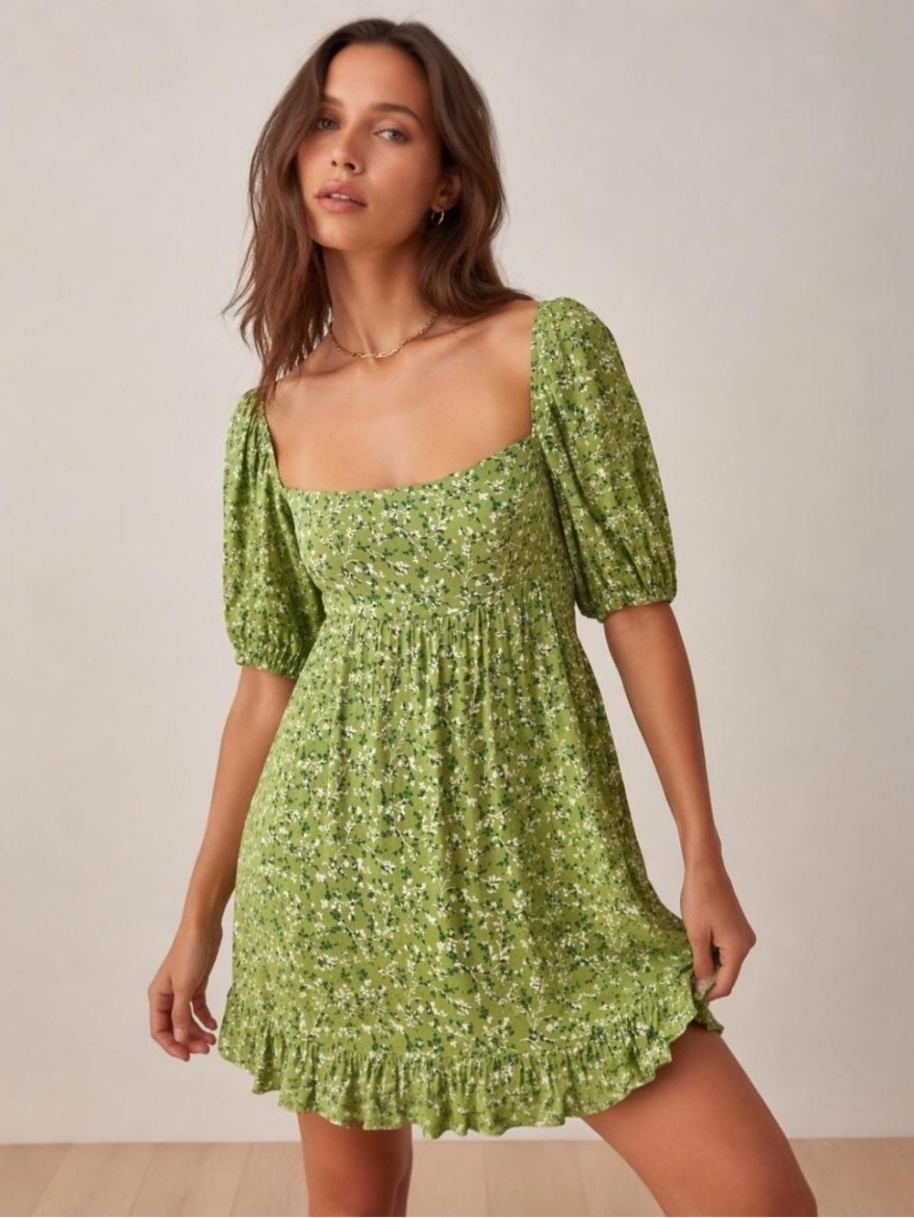 Reformation Bristol Green Floral Mini Dress with Puff Sleeves size M
